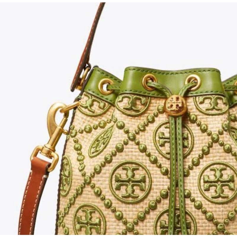 Tory Burch Bucket T Monogram Straw Bag Natural Shiso