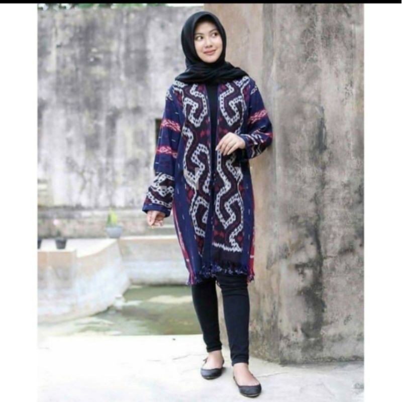 outerwear kardigan fashion tenun biru dongker
