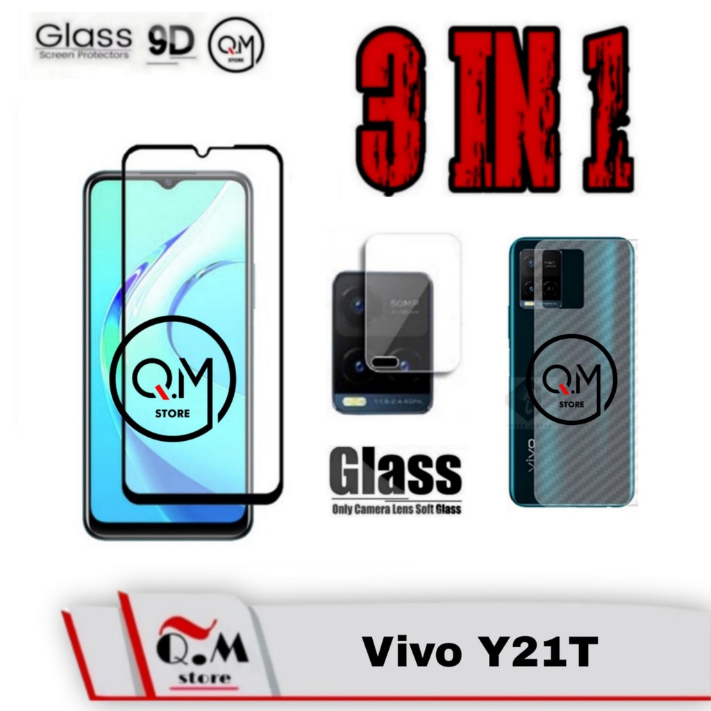 PAKET 3 IN1 Tempered Glass Full 9D VIVO Y21T Anti Gores Pelindung Layar Screen Guard Full 9D