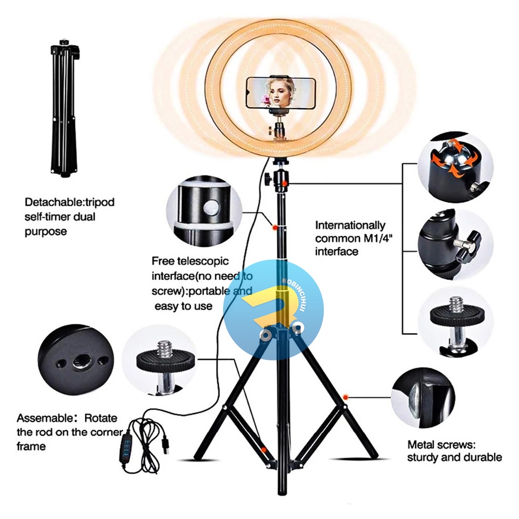 Tripod Handphone 210 CM (2.1M) + Ring Light Led 26CM - Tripod Tiktok - Ring Light - Make Up Vlog - Selfie Light - Tripod Ringlight Stand - Tripod Live Tiktok - Vloger - Youtuber