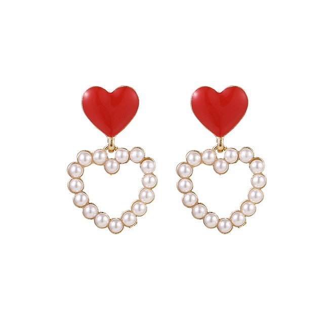 LRC Anting Tusuk Fashion Red Double Love Dropping Hollow Alloy Imitation Pearl Earrings K34440