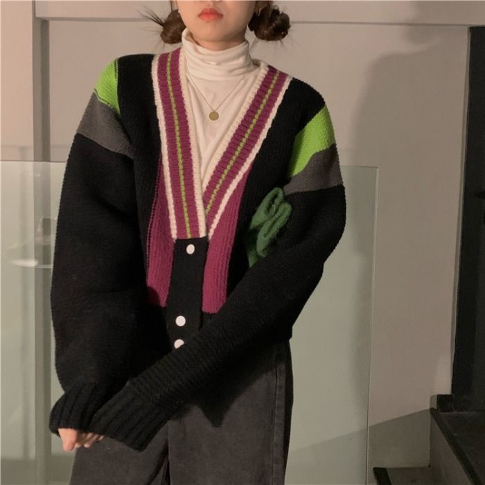 Red 2020 Musim Gugur dan Musim Dingin Baru Versi Korea Longgar Warna Kontras Leher V Rajutan Cardigan Top Fashion Wanita All-Match Sweater Mantel