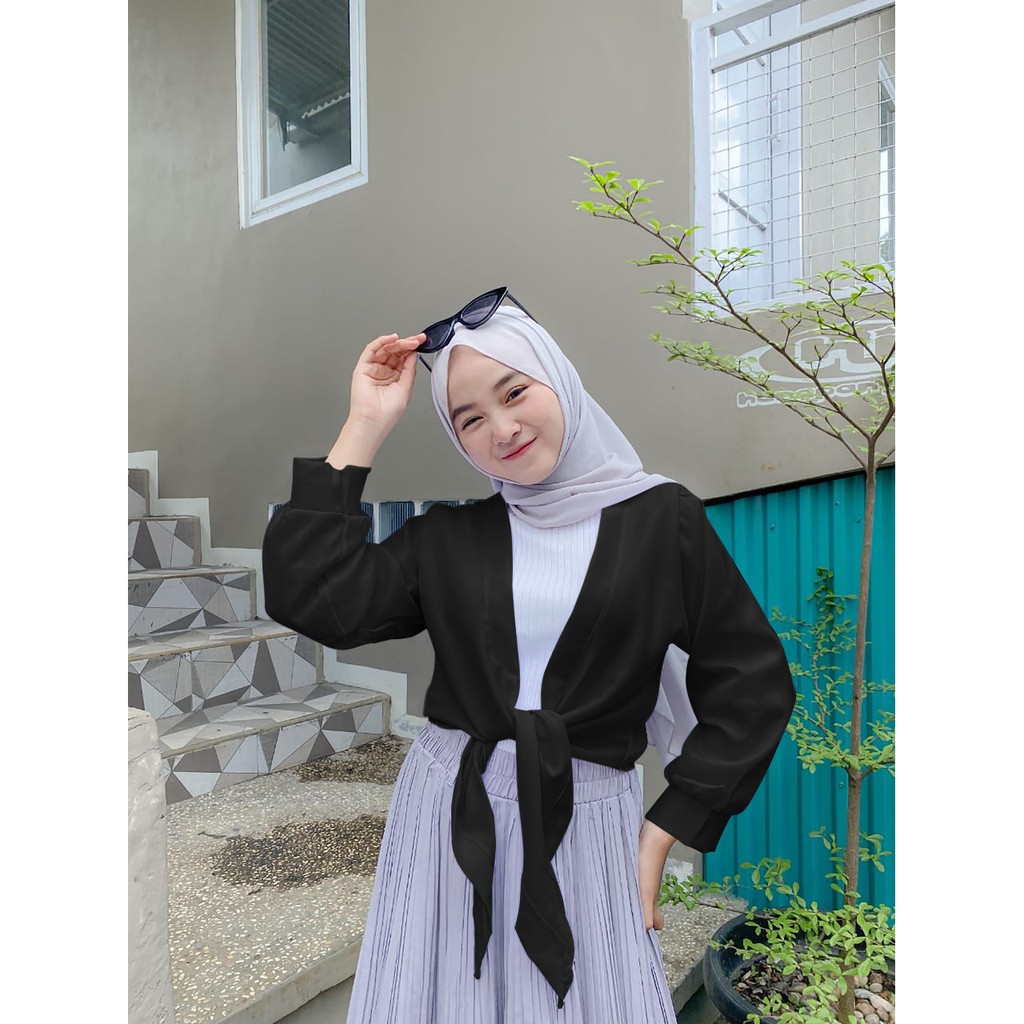 Vallina Outfit - Outerwear Muslimah Wanita / Ribon Outer Cardigan-Hitam