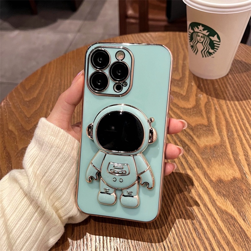 Soft Case Silikon Motif Mobile Phone Cases Astronauts With Stand Compatible for iPhone 13 12 11 Pro Max X Xr Xs Max SE 2020 8 7 Plus Plating electric camera Protective Soft Silicone Shockproof Phone Case