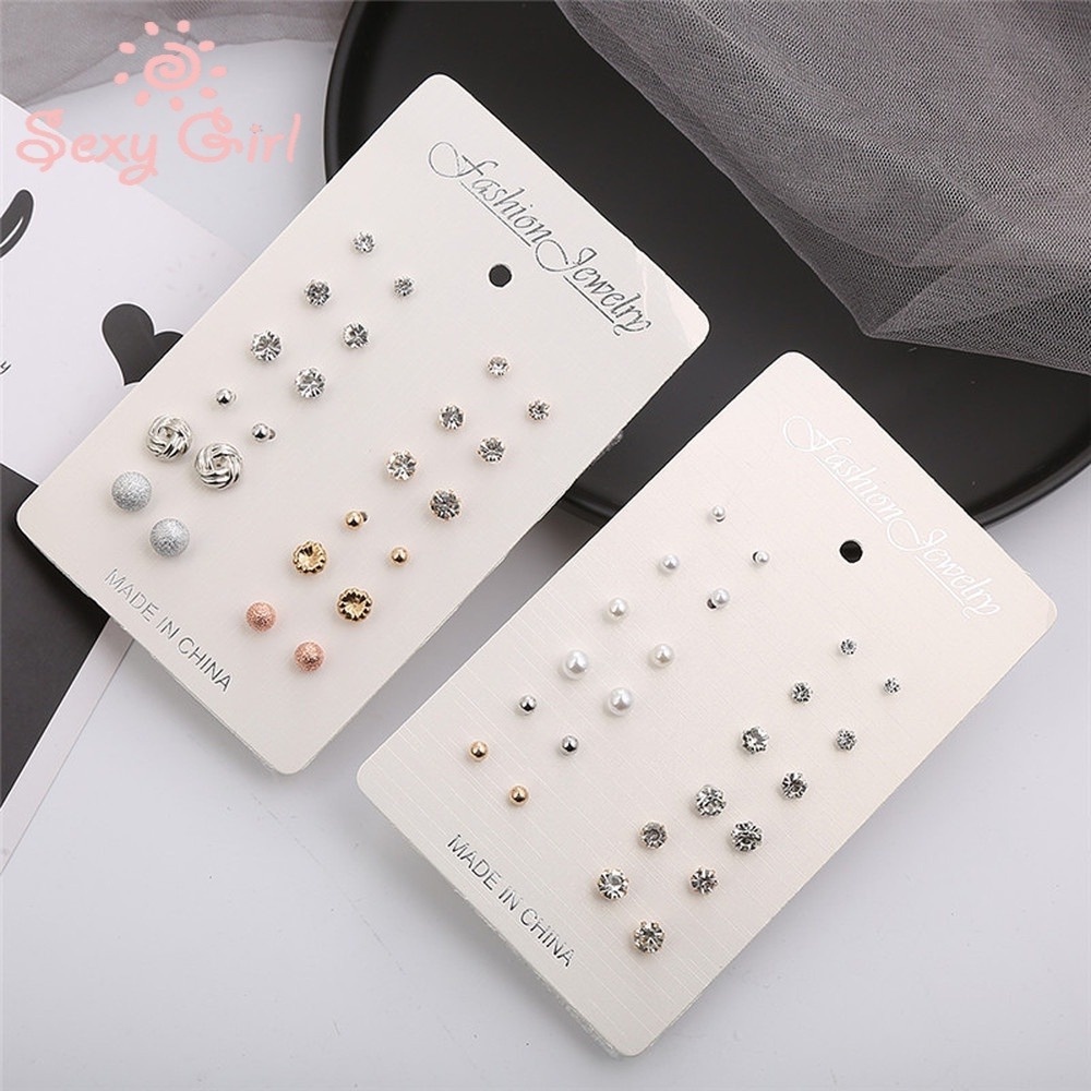 12 Pasang / Set Anting Tusuk Desain Bola Mutiara Berlian Kecil Warna Emas / Silver Untuk Wanita