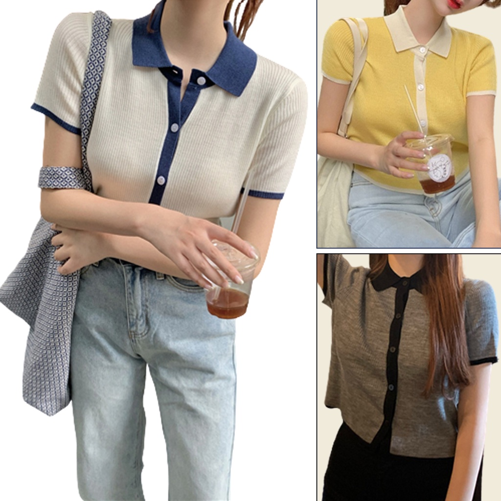 BAJU RAJUT POLO KNIT WANITA GAYA KOREA CROP POLO SHIRT IMPOR