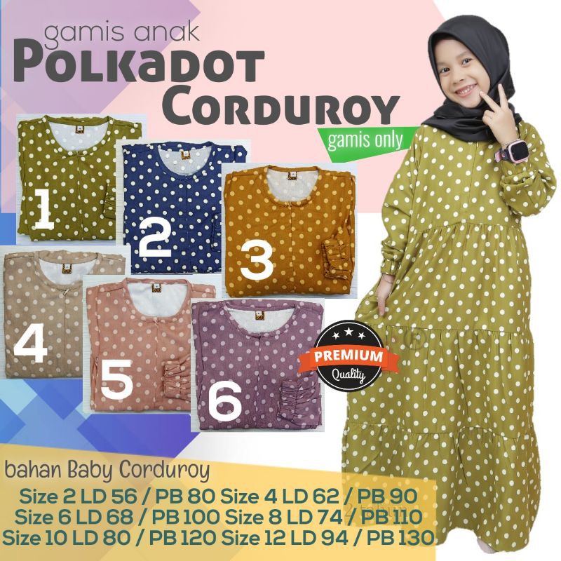 gamis anak polkadot bahan codoray umur 2tahun sampe 10th