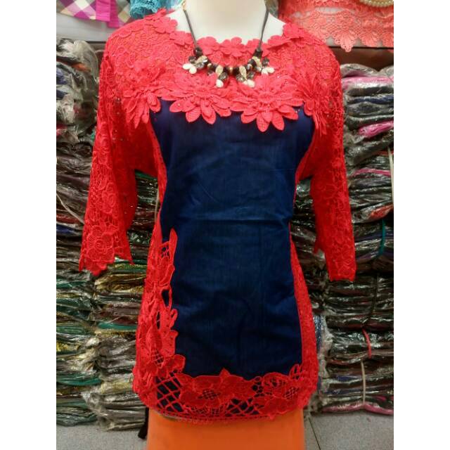Blouse Jeans Kombinasi Brokat Bangkok Keliling V899