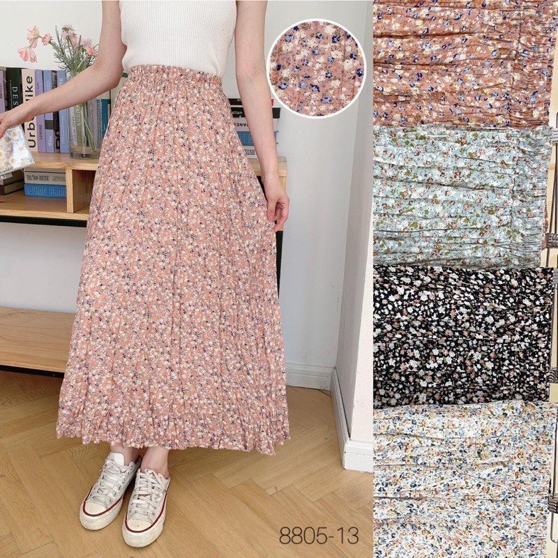 Korean Chiffon Flower Pleated Long Skirt Import Premium ( Rok Sifon Korea Prisket Panjang )