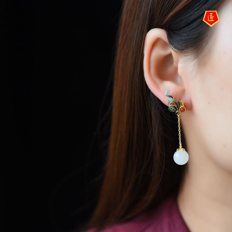 Gong Dian Tassel Long Hetian Jade Earrings Women 'S Ancient Painted Enamel South Red Stone Earrings Chinese Royal Court Style Cheongsam