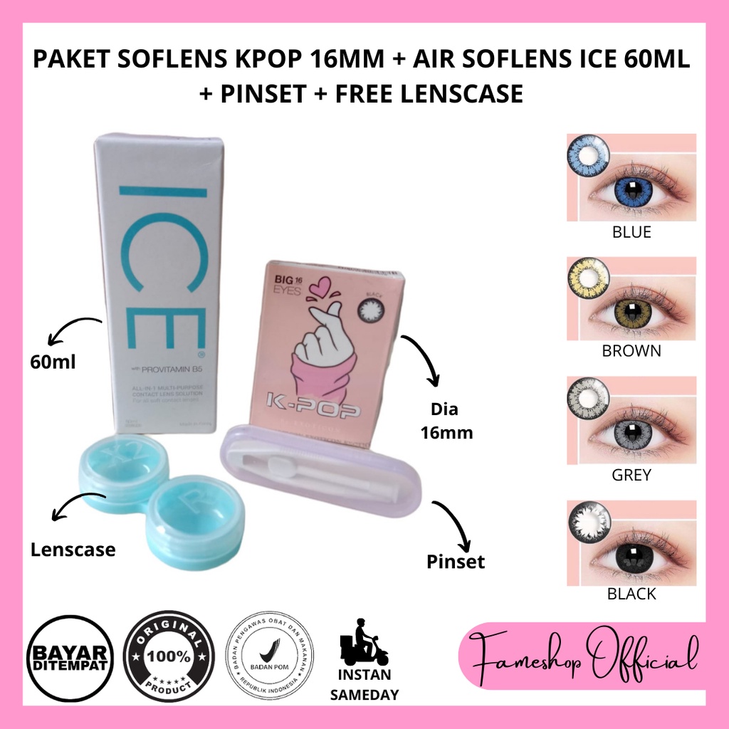 PAKET SOFTLENS KPOP DIA 16MM + CAIRAN ICE 60ML + PINSET + LENSCASE / COD INSTAN SAMEDAY / LENSA KONTAK / PAKET MURAH