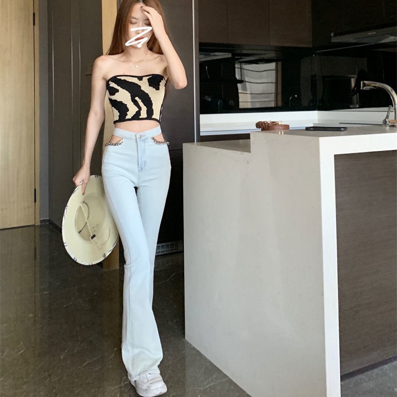 Versi Korea dari Eropa dan Amerika Fashion Micro-La High Waist Denim Lebar Kaki Celana Slim Lurus Hot Girl Style Sexy White Horseshoe Pants