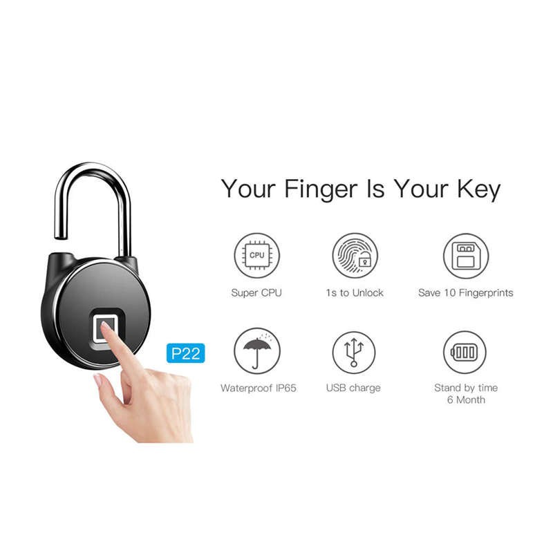 Gembok Koper Rumah Smart Fingerprint Padlock - P22 - Black