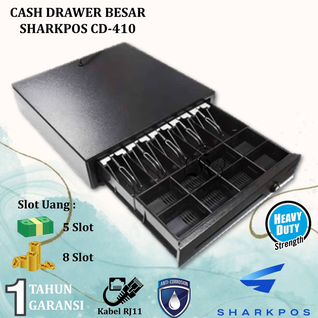 Cash Drawer Sharkpos CD-410 Laci Uang Kasir CD410/CD408/CD420 Support RJ11 Kotak Uang Kasir Printer Thermal Bluetooth 58mm/80mm