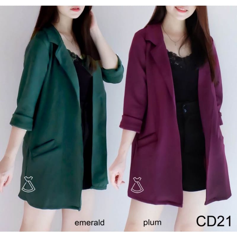 Blazer Kasual Lengan Panjang Model Longgar Warna Solid Gaya Korea Bahan Scubba