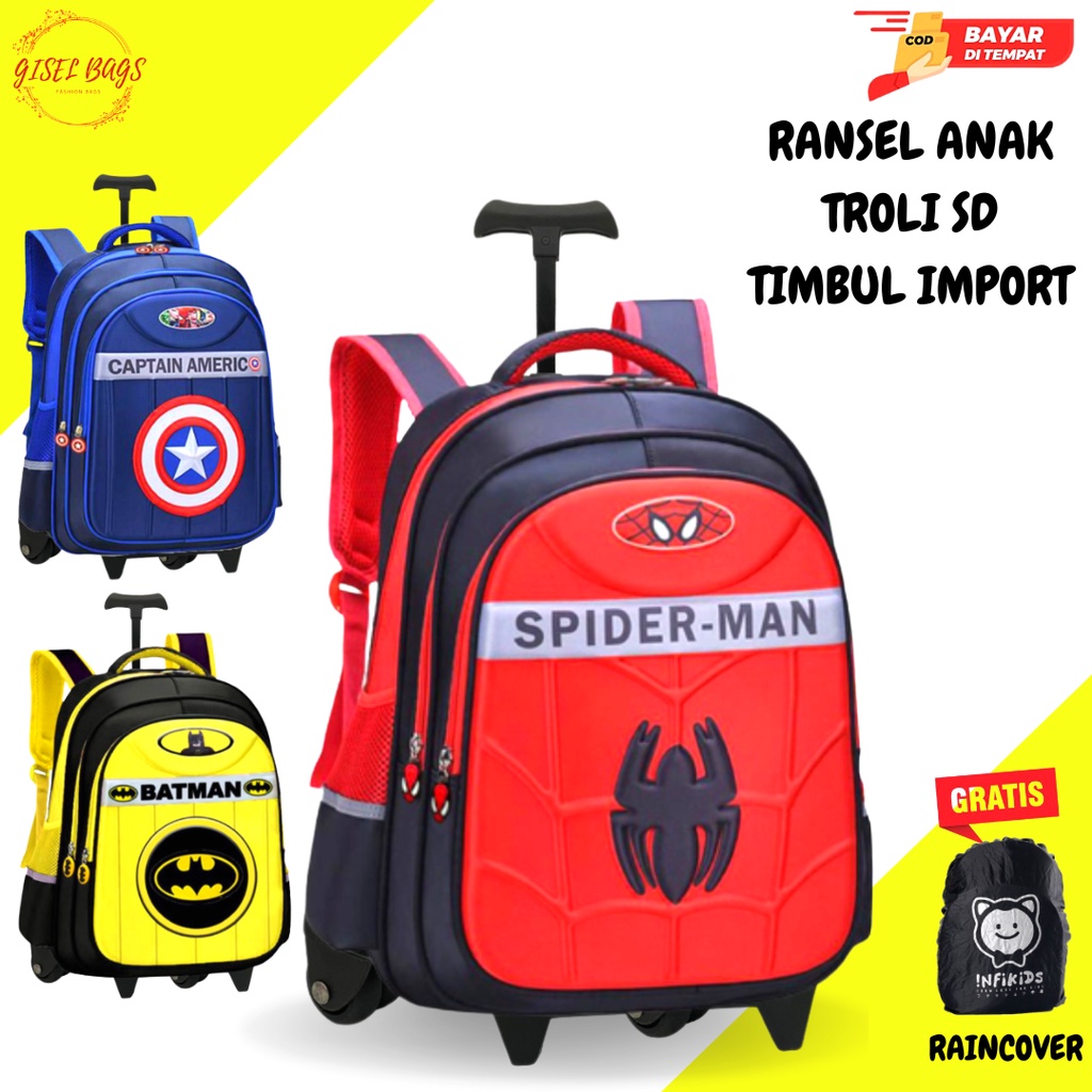 GB-tas ransel troli anak laki laki SD import tas ransel troli anak karakter superhero tas ransel troli timbul