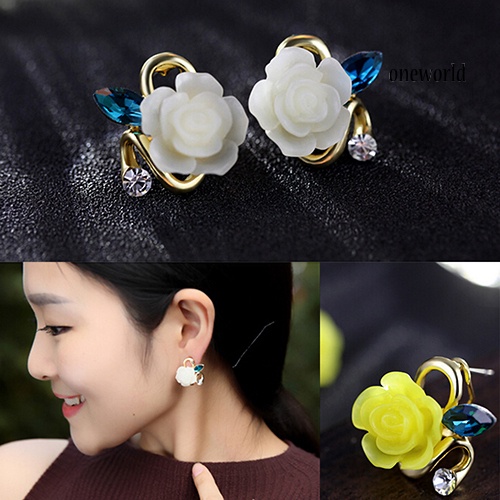 OW@ Women Cute Lady Rhinestone Resin Rose Flower Earrings Ear Studs Jewelry Gift