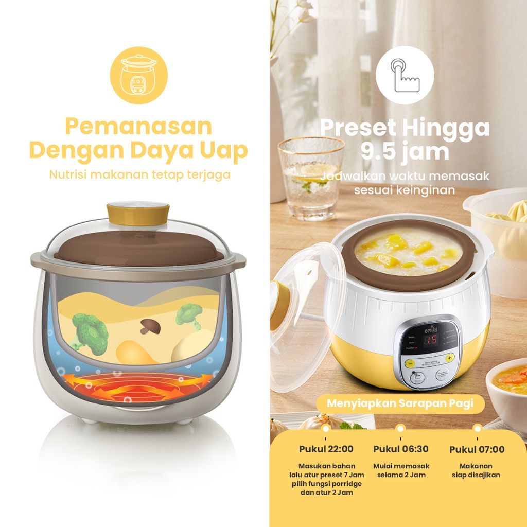 Emily Slow Cooker + Steamer 0.8 L Clay Pot - Perlengkapan Mpasi