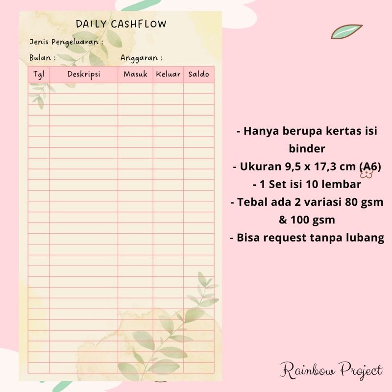

Loose Leaf Kertas Refill Isi Binder A6 Daily Cashflow Catatan Keuangan Budgeting Sinking Funds Saving Jar