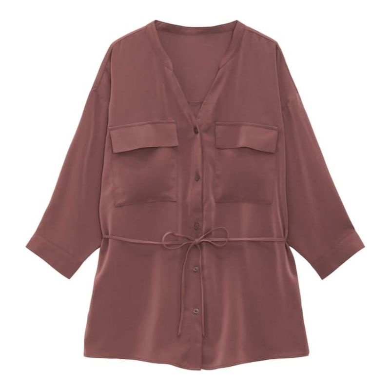 GU/UNQ BLOUSE POCKET - atasan kemeja/blouse wanita-Belt - Brown