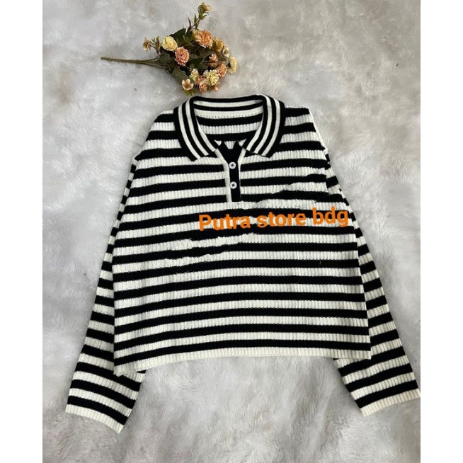 SIRENE SWEATER POLO KNIT STRIP ATASAN WANITA