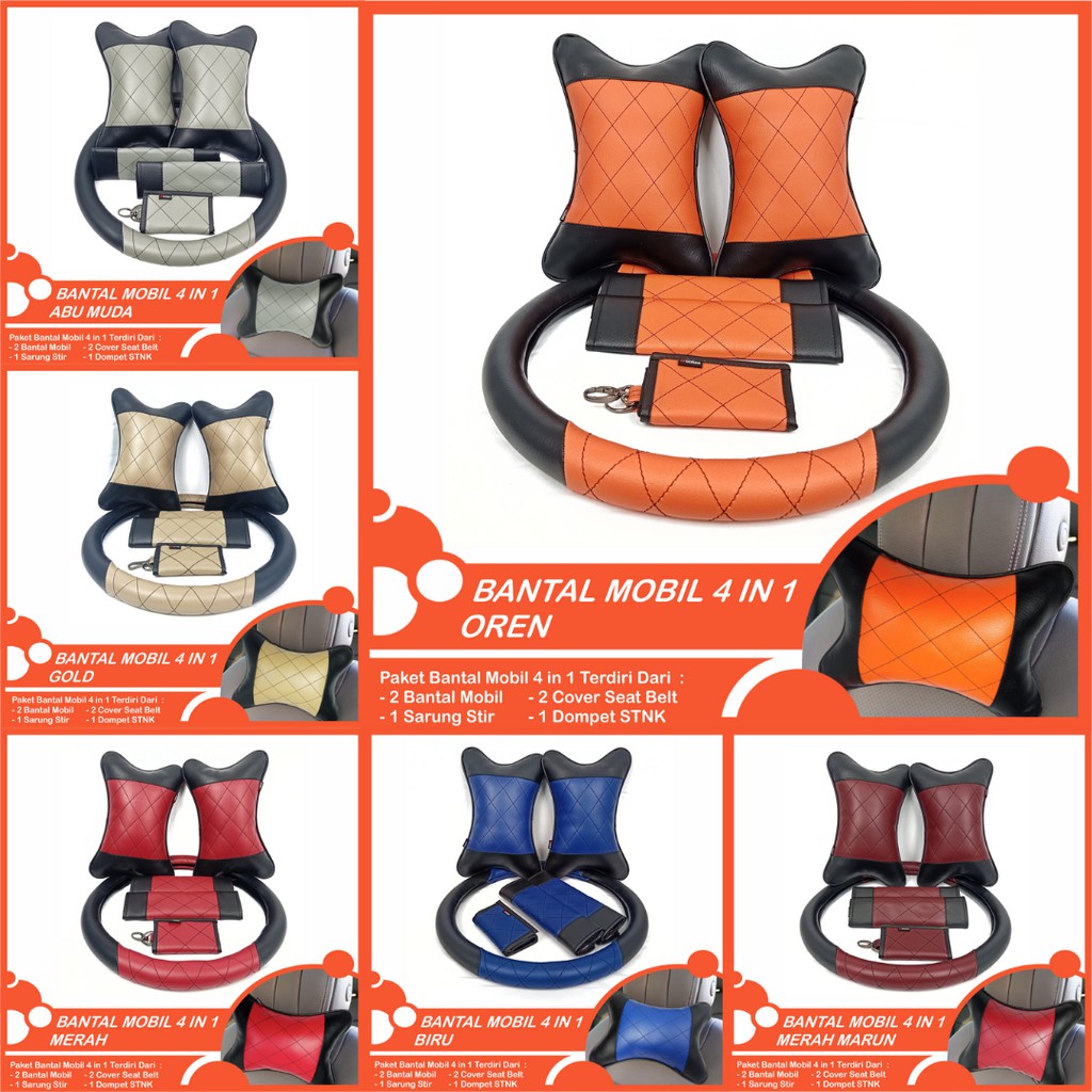 Set Bantal Mobil 4 in 1 Premium Bantal Mobil Sarung Stir Cover Seatbelt Dompet STNK