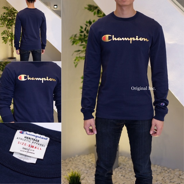 champion heritage long sleeve tee with gold script