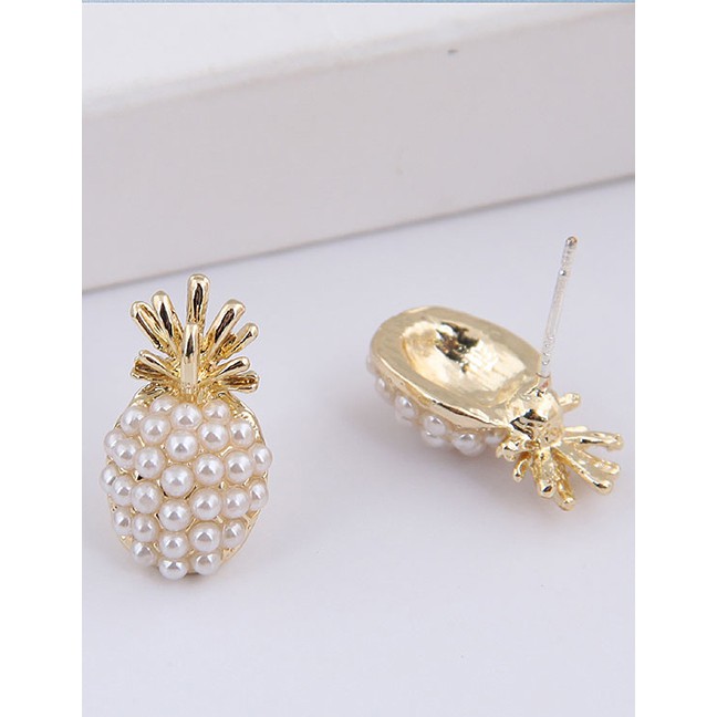 LRC Anting Tusuk Fashion Golden Pearl Pineapple Alloy Earrings A61816