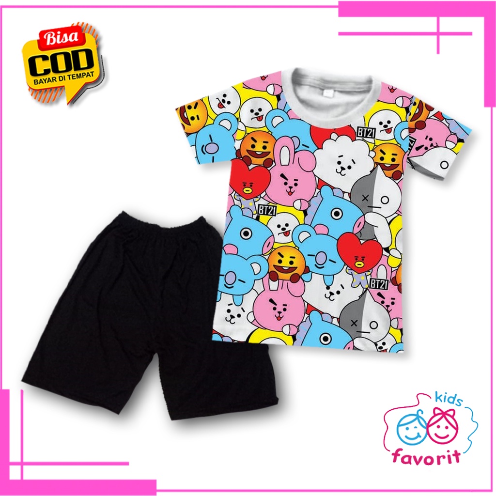 Favorit kids setelan baju anak perempuan lengan pendek gambar BT 21 fullprint