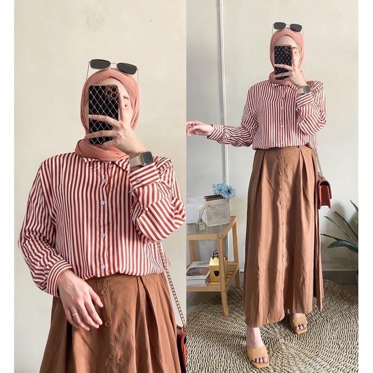 kemeja strip / kemeja wanita panjang LD 105 cm