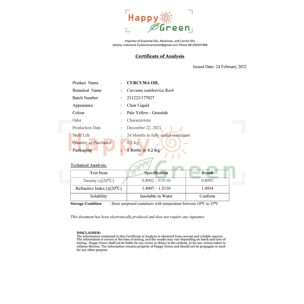 BPOM Approved Happy Green Curcuma Essential Oil - Minyak Temu Lawak Murni 100% Garansi Uang Kembali