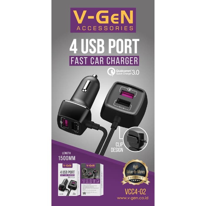 Car Charger V-GeN VCC4-02 Fast Charging QC3.0 4 USB Port VGEN