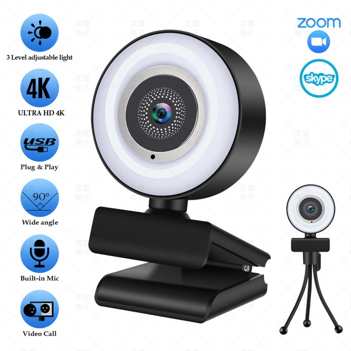 USB Webcam Kamera Zoom UltraHD 4K + RIng light