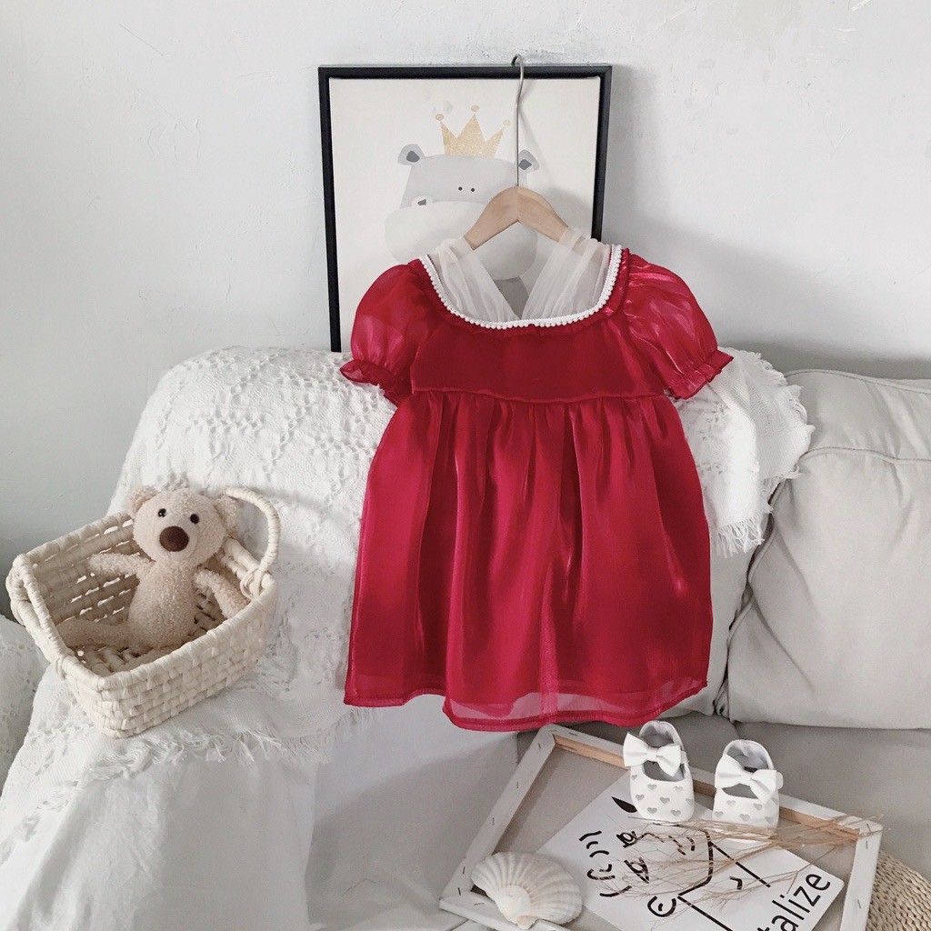 Dress Princess Anak Perempuan Korean Fashion Color Red dan Cream Short Sleeve Gaun