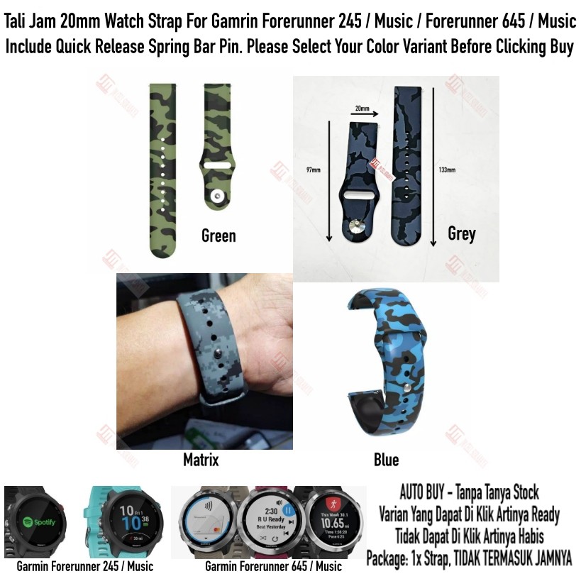 RMY Tali Jam 20mm Watch Strap Garmin Forerunner 645 / 245 / Music - Camo Army Rubber Silikon