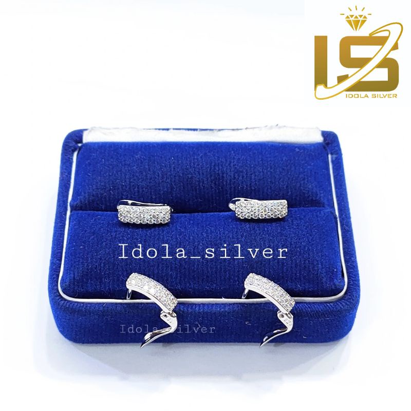 ANTING PERAK ASLI SILVER 925 LAPIS EMAS MODEL PERSEGI PERMATA FULL - PERHIASAN PERAK WANITA