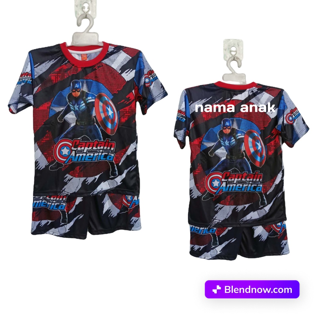 SETELAN ANAK CAPTAIN AMERICA/SETELAN BAJU TIDUR CAPTAIN AMERICA FULL PRINTING USIA 2-12THN