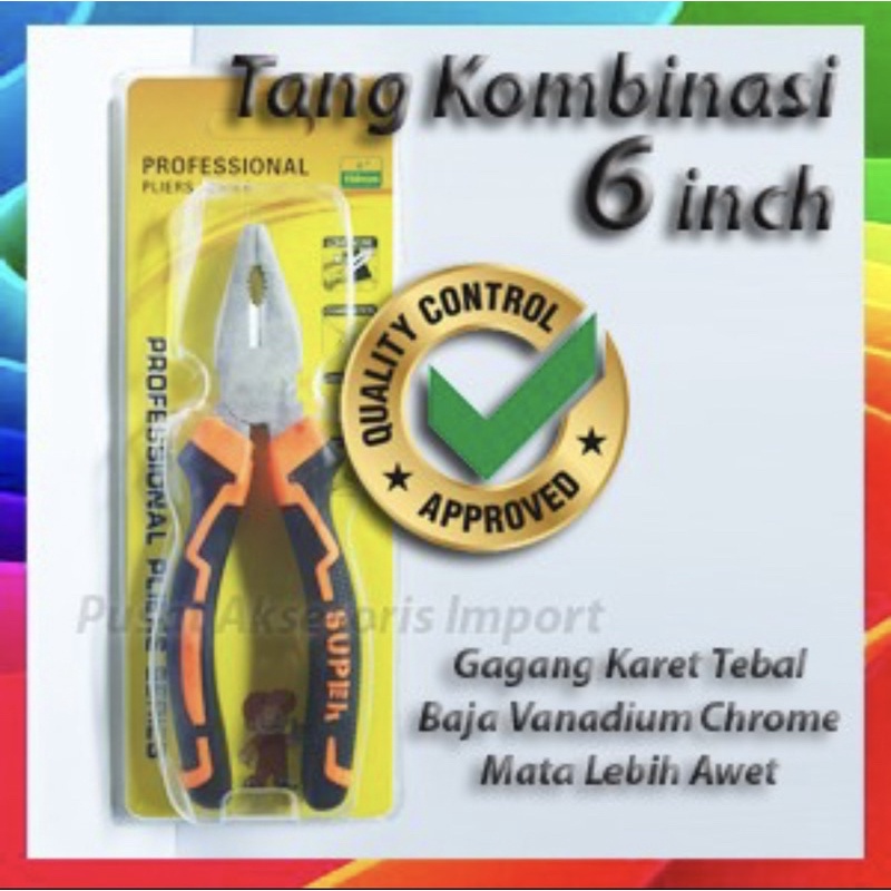 TANG POTONG JEPIT KOMBINASI 6 INCH COMBINATION PLIERS GAGANG KARET - Y-4-TPGR-06(K)