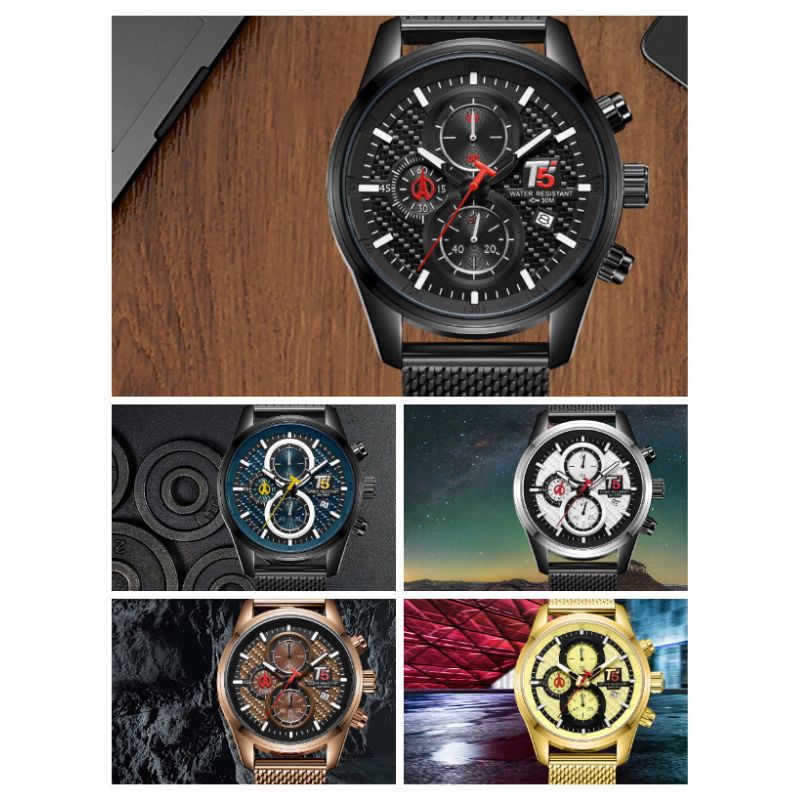 JAM TANGAN PRIA ORIGINAL T5 H 3721G RANTAI STAINLESS STEEL CHRONO AKTIF TAHAN AIR