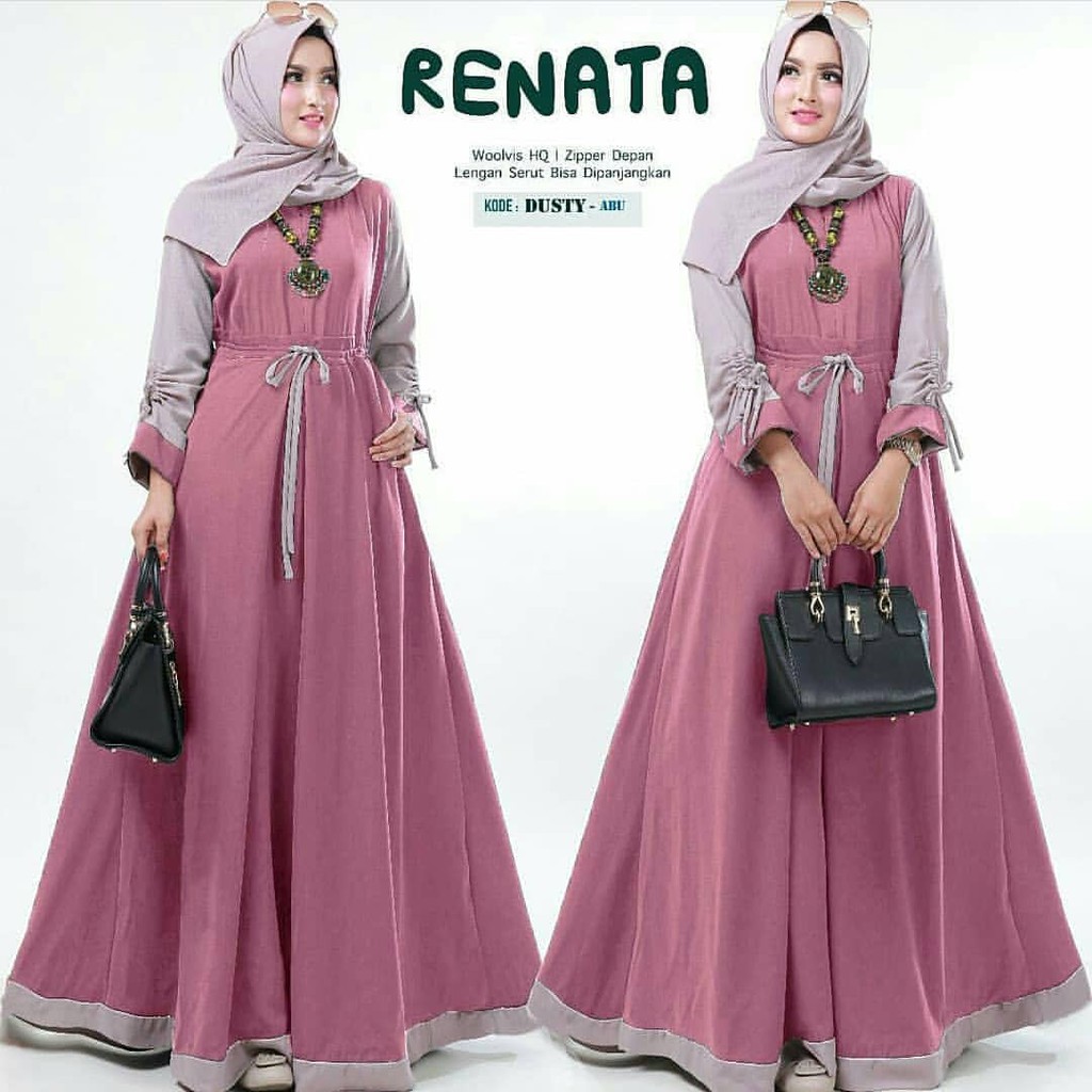 Renata dress muslim/Fashion Muslim/Dress Muslim Tanpa Hijab/Busui/Bisa Cod-pink dasti