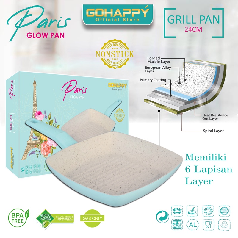 Panci Gohappy Barbekyu Paris Grill Glow Pan | Alat pemanggang tosca pink kekinian | Panggangang