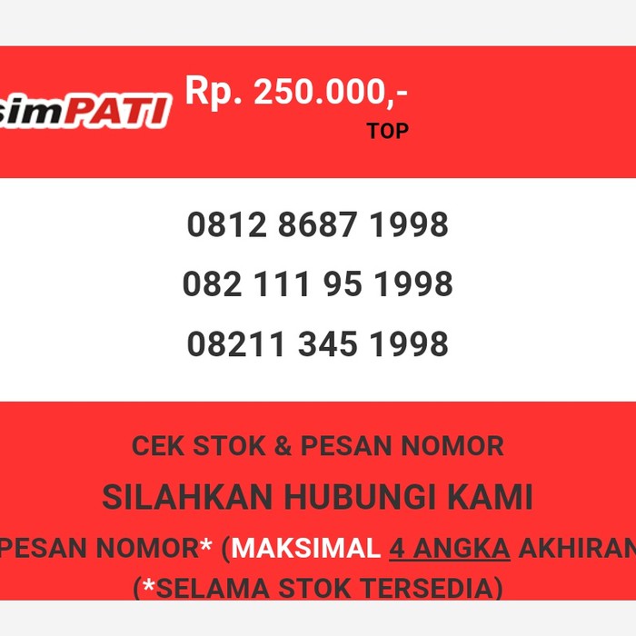Nomor cantik Telkomsel murah tahun lahir 1998 simpati & loop T0888-250