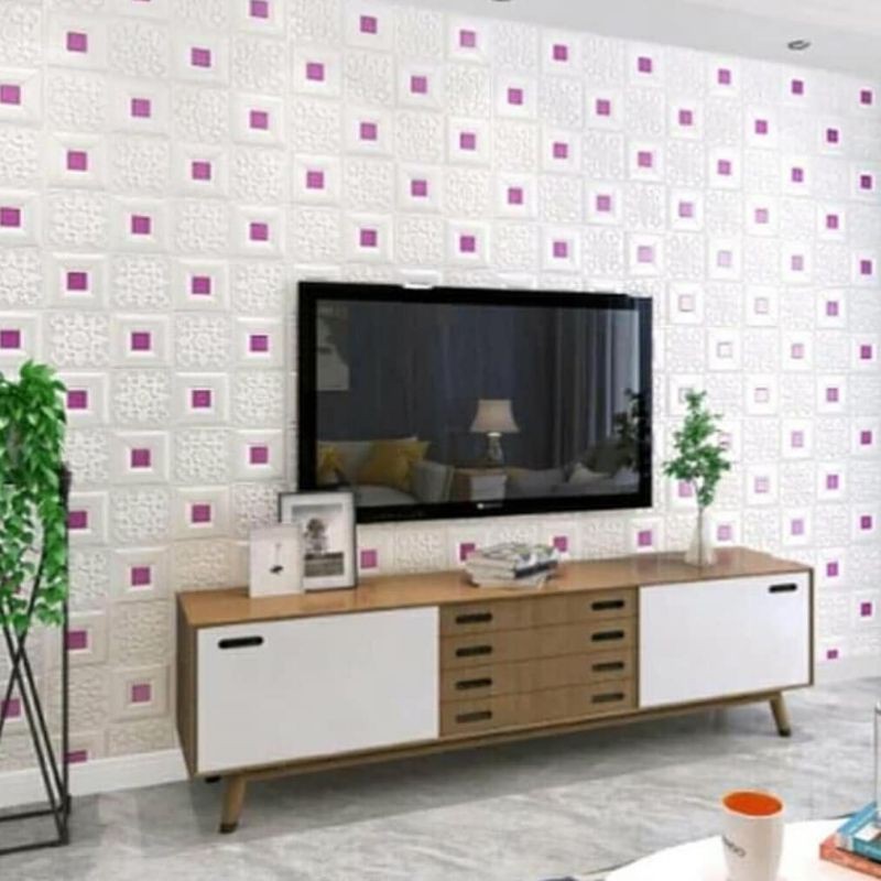 wallpaper foam sticker premium 3D permukaan timbul motif batik kotak ungu