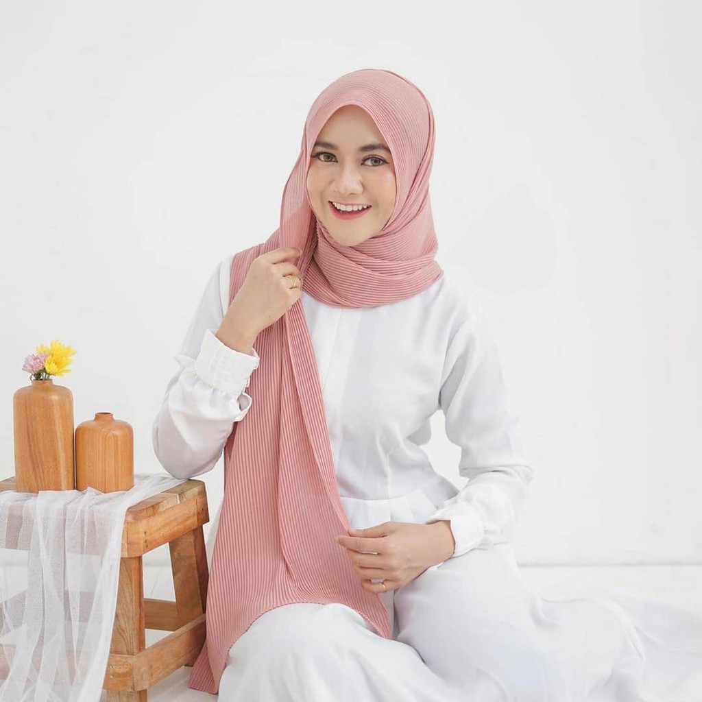 Pashmina FULL Plisket Ceruty Babydoll Lidi Kecil Jahit Tepi Tanpa Garis Tengah Premium