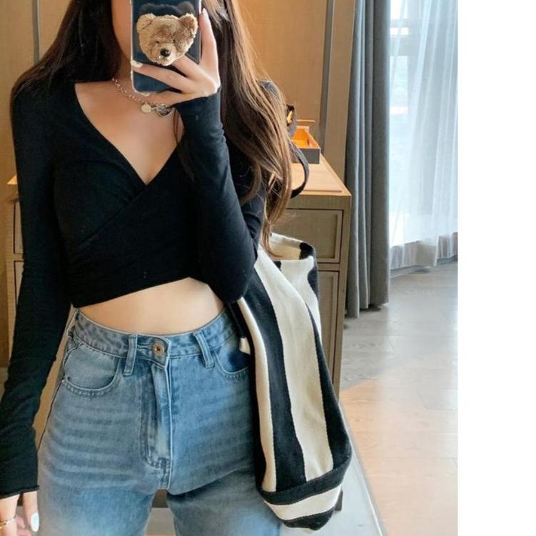 Diraya Sling Crop Top Long Kaos Korea Wanita Sexy T-shirt Spandeks Rayon
