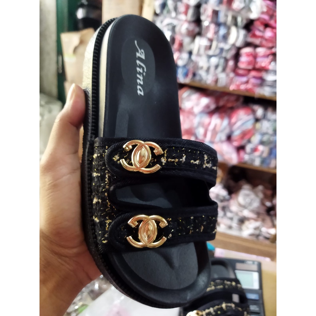 SANDALPEREMPUAN DOUBLE STRAP BALANCE &amp; ALINA 238-3 (36-40) SANDAL IMPORT FHASION PARIS, VARIASI BENANG SULAM EMAS SANDAL WANITA SANDAL MEWAH SANDAL PROMO SANDAL BERKELAS