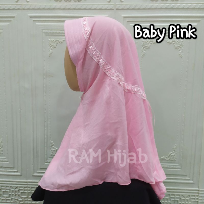 ram hijab kerudung jilbab instan bergo anak sekolah TK SD SMP serut pita atas warna baby pink