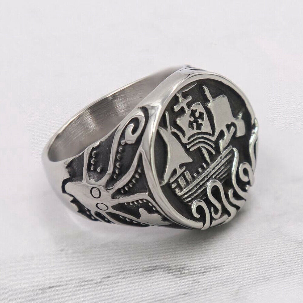 Bajak laut Perahu layar Gurita Vintage Perak Baja Titanium Pria Perhiasan Fashion Punk Cincin Rings