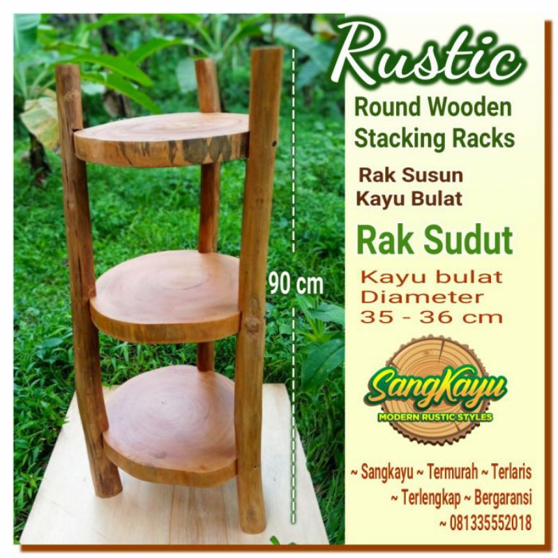 Rak sudut kayu bulat rak susun kayu 3 tingkat 35-37cm rak serbaguna