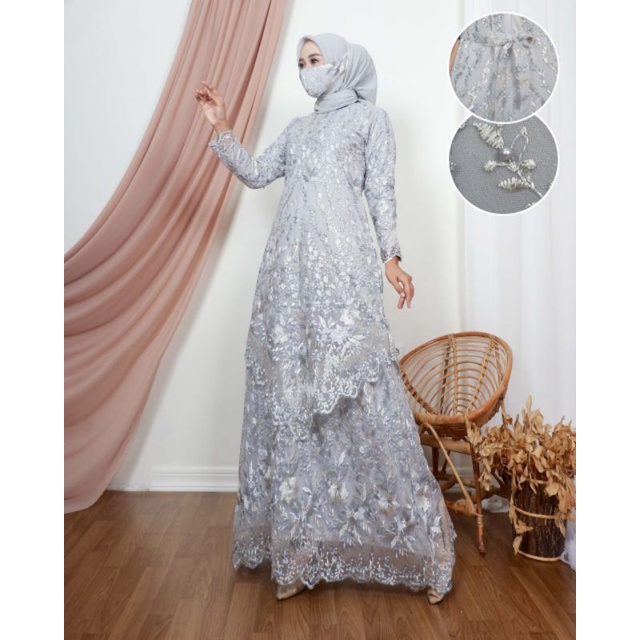 Permata Olshop / Gamis Tingkat Runcing Claudia2 NK / Kebaya Gamis Modern Tulle Terbaru / Gamis Pesta Mewah / Kebaya Gamis Seragam Nikah